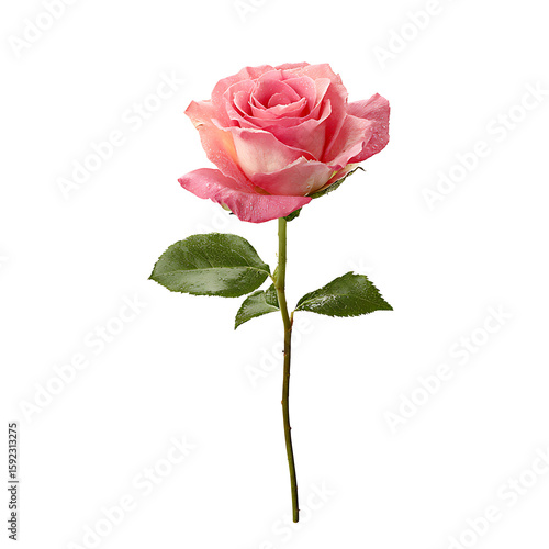 Single pink rose with green stem and leaf, isolated on a white background