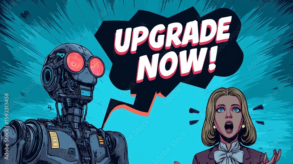 Fototapeta premium Surprised Human Reacting to AI Assistant with ‘Upgrade Now!’ Speech Bubble – Artificial Intelligence Notification, Futuristic User Interaction, Tech Humor, Digital Assistant Concept