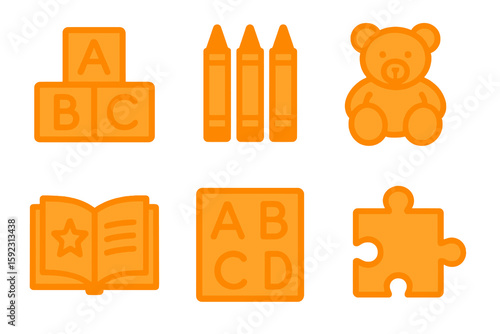 Flat orange icons for early education: crayons, storybook, puzzle, teddy bear. Transparent vector.