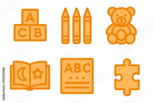 Icons for preschool: orange toy blocks, ABC chart, storybook, puzzle. Flat education vector.