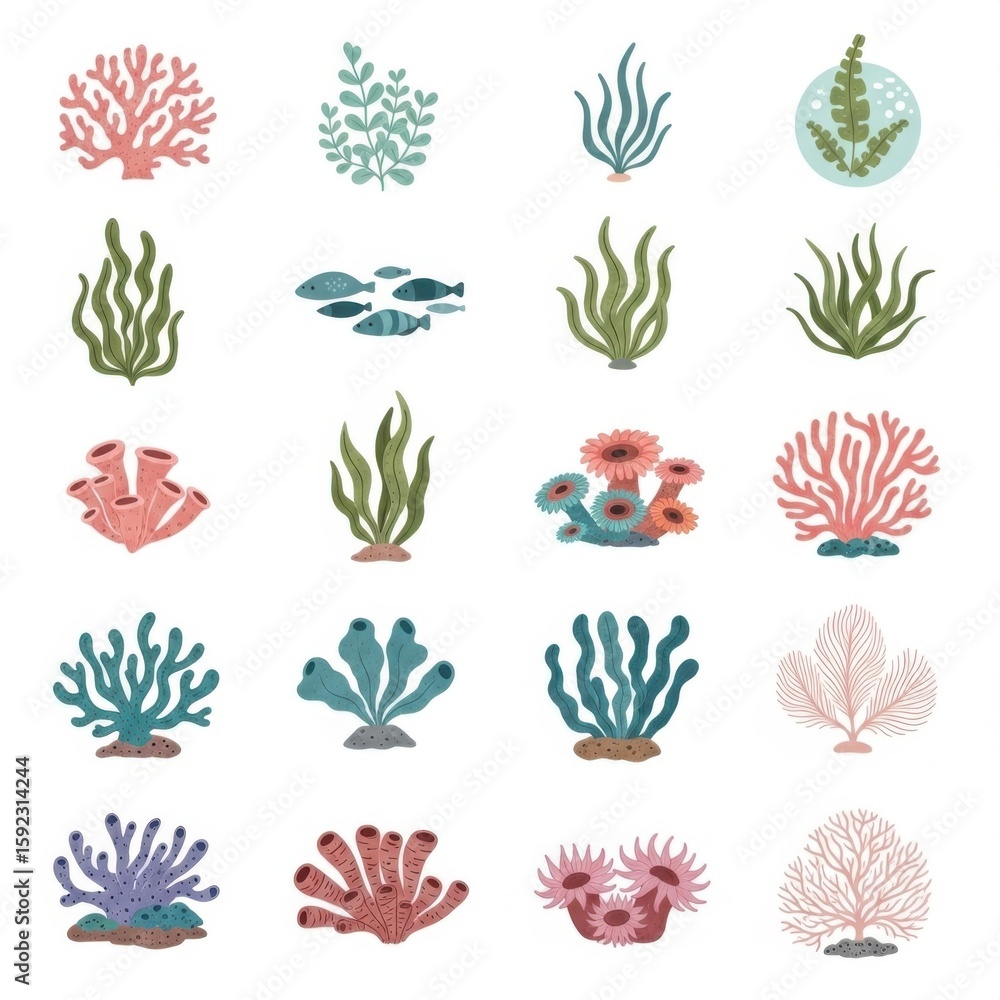 Fototapeta premium A collection of coral and seaweed illustrations are displayed
