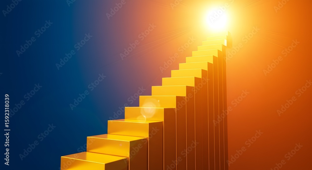 Fototapeta premium Staircase leading toward a bright glowing light symbolizes professional career growth, reaching new personal goals, and achieving success.