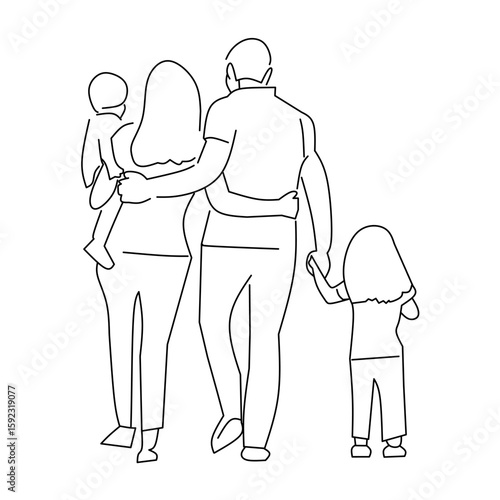 Minimalist line art of a family walking together, parents holding hands with children. Symbolizes unity, love, togetherness, and family bonding moments.