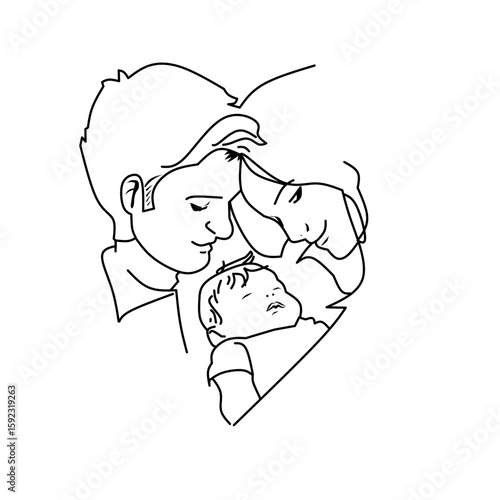 Line art of a loving family with parents and baby inside a heart shape. Minimalist design symbolizing love, care, parenthood, and family bonds.