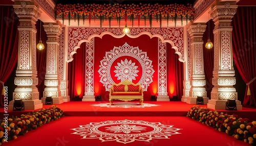 Traditional Bengali stage with red and white floral patterns, alpana artwork, and shankha decor