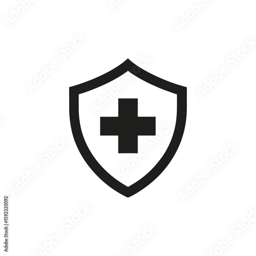 Black shield with a medical cross symbol isolated on white background