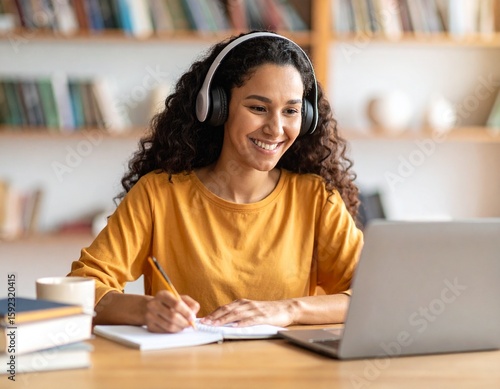Teen or College Student Attending Online Class with Laptop and Headphones