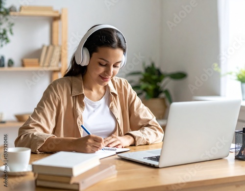 Teen or College Student Attending Online Class with Laptop and Headphones