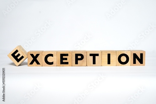 word EXCEPTION on wooden cube isolated on white background. wooden cube concept