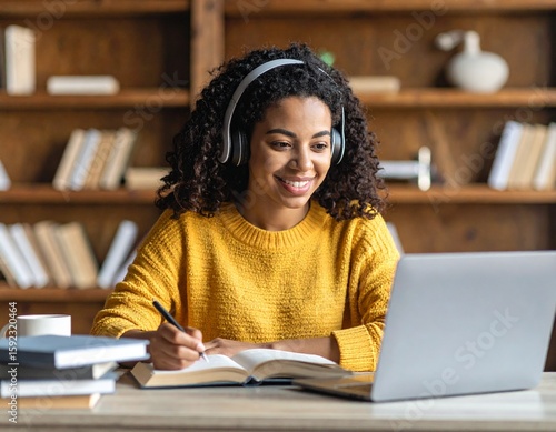 Teen or College Student Attending Online Class with Laptop and Headphones