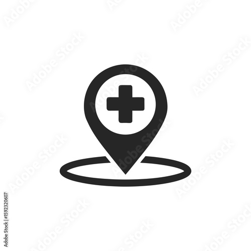 Black medical cross location pin icon isolated on white background