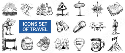 Travel vector icon set in sketch style