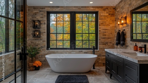 Modern farmhouse bathroom with autumnal views