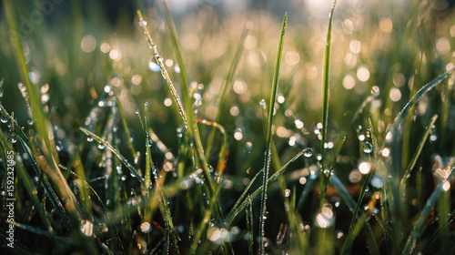A photo of dewdrops glistening on fresh grass in a quiet meadow during early morning