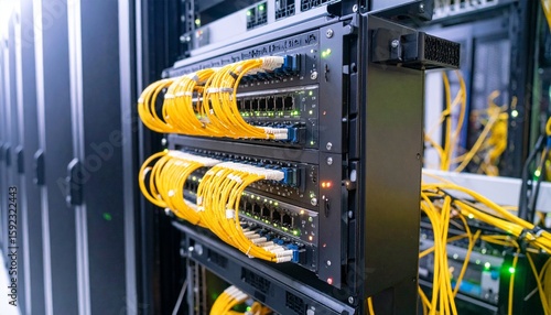 Fiber optic transceiver with yellow cable connected to server rack. LED indicators glowing, modern cable management and clean industrial layout.