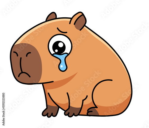 A cute cartoon capybara character crying with a big teardrop. Sad and upset animal expressing grief or disappointment. Vector illustration for mental health awareness content, reaction stickers, or il