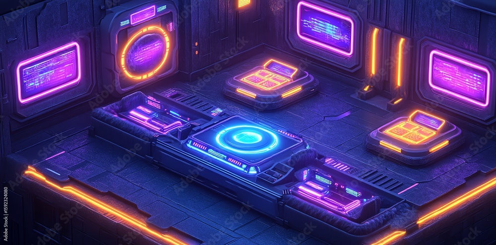 Obraz premium Futuristic Virtual Reality Gaming Room with Neon Lights and Digital Interfaces