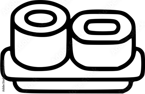 Two maki sushi rolls served on a small rectangular plate, simple line art illustration.