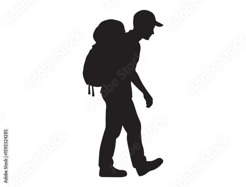 Silhouette vector of a solo male hiker taking a step forward, icon on white background