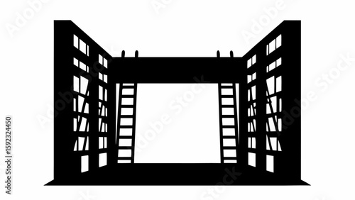 Silhouette of a stage with ladders and a beam overhead creating a theatrical entrance or exit point