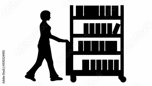 Silhouette of a woman pushing a rolling bookshelf filled with books in a library or bookstore area
