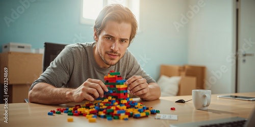 Man concentrating on building a tower out of colorful plastic blocks at a wooden table indoors