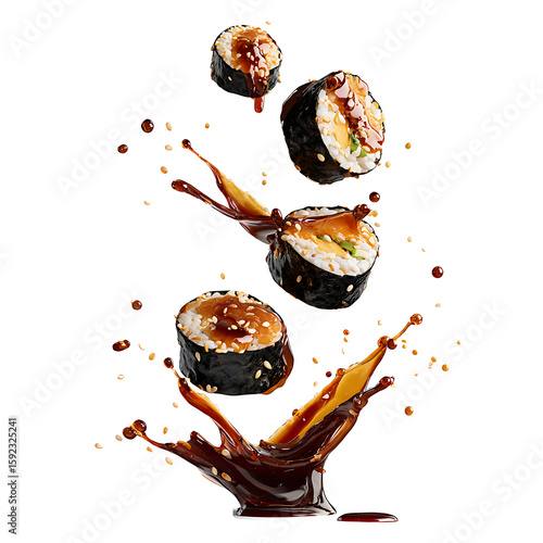 Falling sushi rolls with soy sauce splash, isolated on a white background.