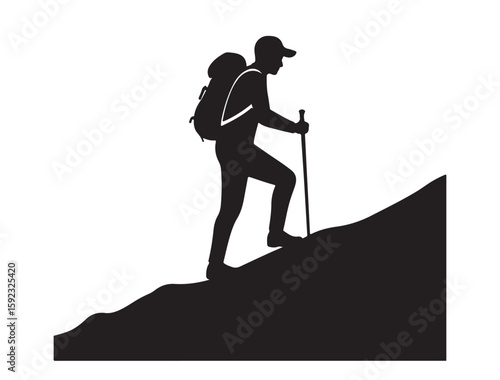 Simple silhouette icon of a hiker ascending a hill, vector art on white background