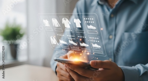 Photo of a person uses a smartphone to browse an online clothing and shoe store with a futuristic digital interface