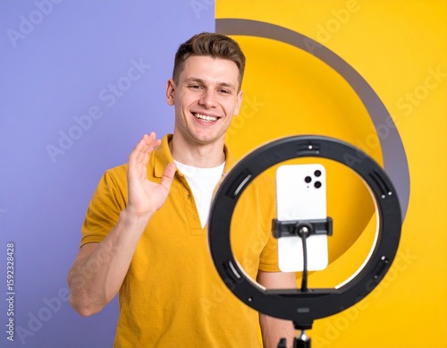 Young Content Creator Recording Video with Smartphone and Ring Light in Colorful Background