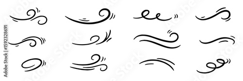 Hand drawn wind line sketch vector set. Doodle comic style wind motion, air blow, swirl elements design. Wind blow motion, smoke flow. Vector illustration.