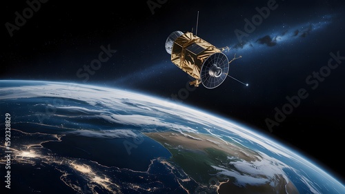 Gold satellite orbiting planet Earth against a star filled space