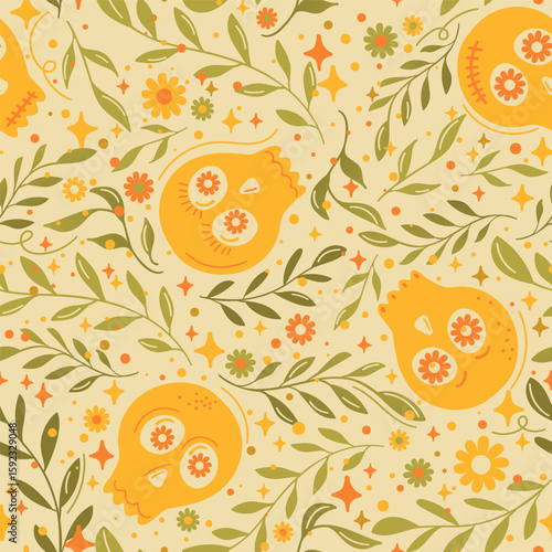 Yellow Sugar Skulls and Florals Pattern
