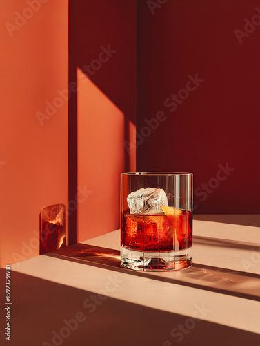 A glass of negroni cocktail with ice cubes and orange zest on a red background with dramatic sunlight