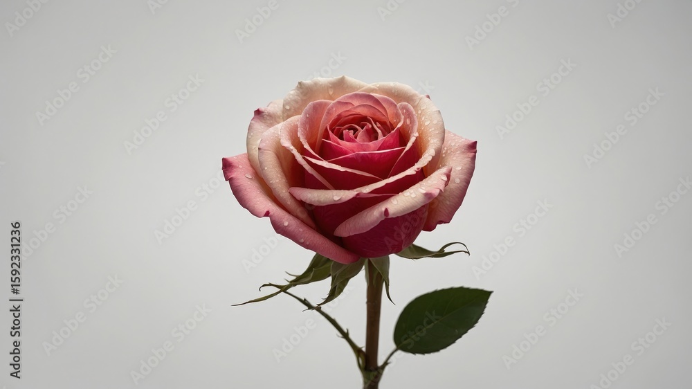 Naklejka premium Elegant pink rose with dew drops on stem highlighted against gray background