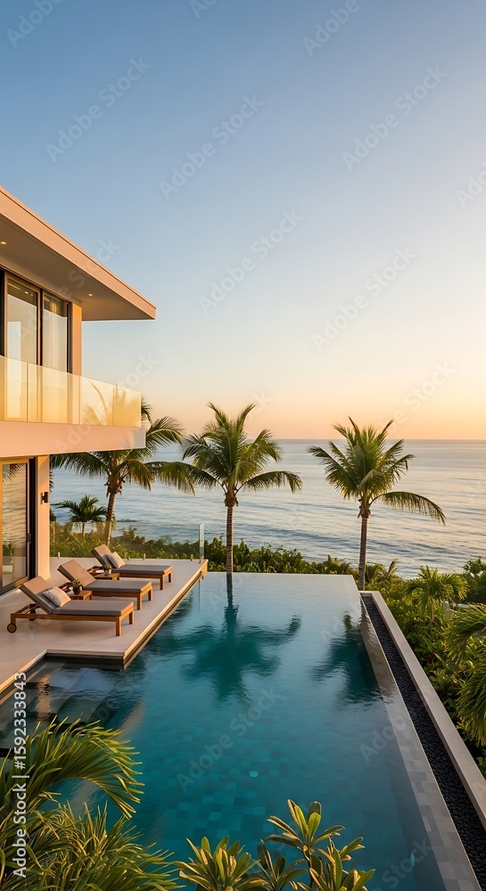 Fototapeta premium Luxurious beachfront villa with infinity pool overlooking the ocean at sunset views
