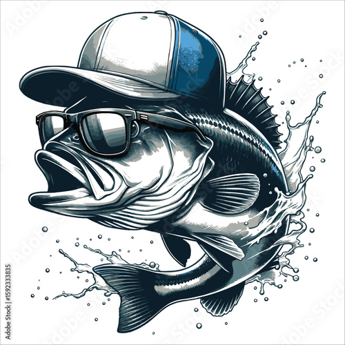 Cool Bass with Sunglasses and Cap Leaping from Water