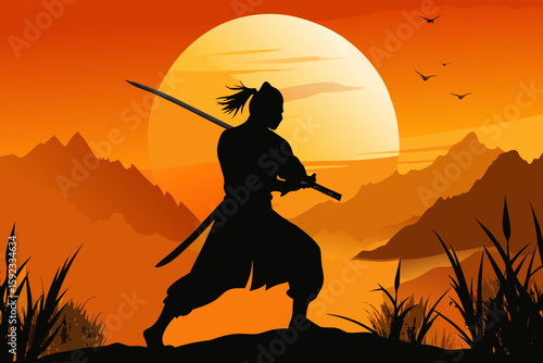 Samurai Warrior Silhouette with Katana at Sunset – Vector Illustration