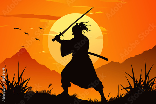 Samurai Warrior Silhouette with Katana at Sunset – Vector Illustration