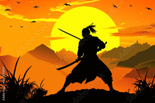 Samurai Warrior Silhouette with Katana at Sunset – Vector Illustration