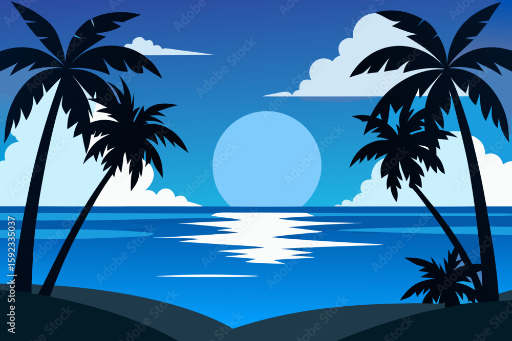 Obraz premium Tropical Beach at Night with Full Moon Reflection – Vector Illustration