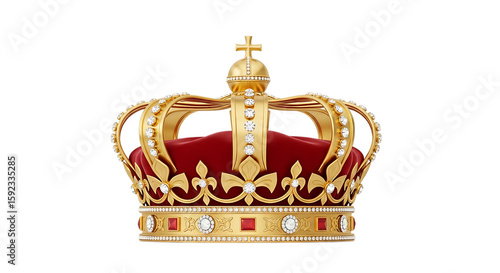 A richly detailed golden crown adorned with diamonds and a red velvet cushion, isolated on a transparent background