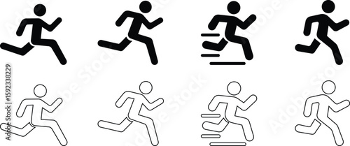image displays of running and walking icon set. used to symbolize movement fitness or activity in various contexts workout modes or goals related to speed progress or routes web design infographics