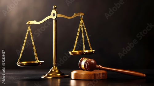 Golden scales of justice and judge's gavel on dark background.