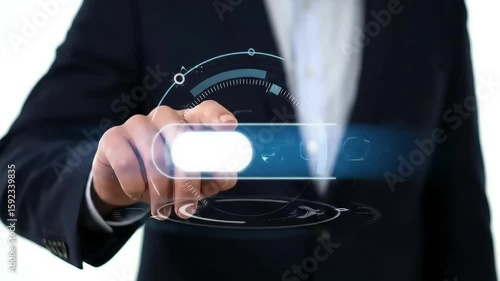 Businessman pressing futuristic digital button interface
