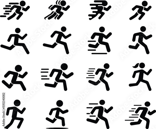 image displays of running and walking icon set. used to symbolize movement fitness or activity in various contexts workout modes or goals related to speed progress or routes web design infographics