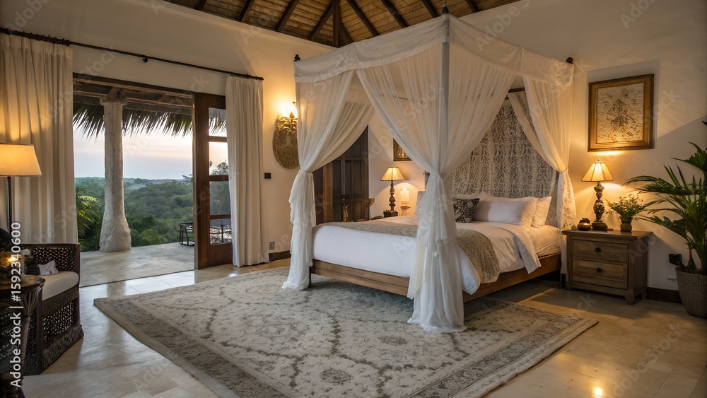 Fototapeta premium Master Bedroom with White Canopy Bed and Soft Drapes