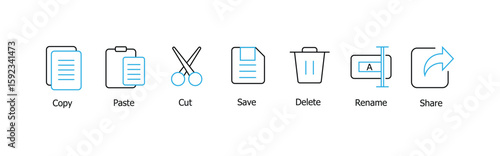 Basic File Action Icons Set – Line and Glyph Style Symbols for Cut, Copy, Paste, Rename, Save, Share, and Delete Functions in App and Web UI
