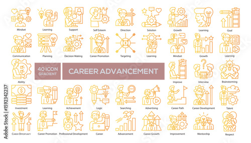 Set of career-related illustrations in gradient yellow style. Suitable for business, HR, and education materials