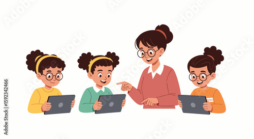 A teacher assisting three young students with tablets, pointing at one screen.